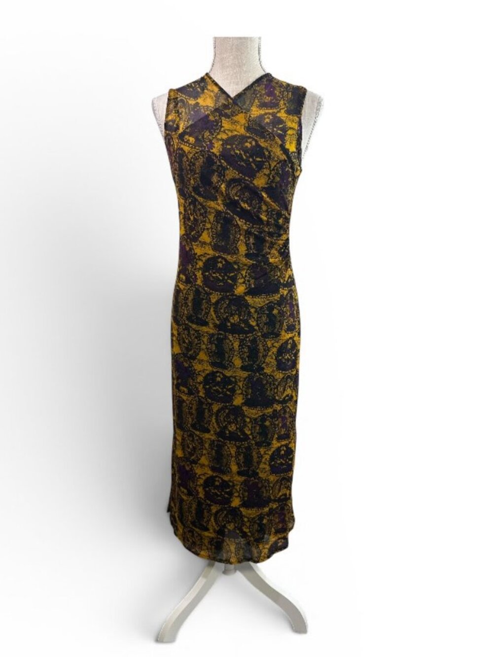 Vintage Vivienne Tam Mesh Buddha Print Maxi Dress Sheer